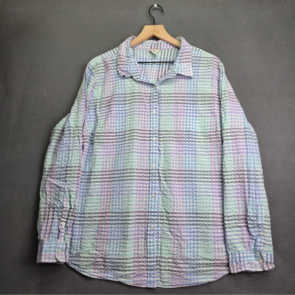 L.L. Bean Womens 3X Plus Seersucker Plaid Button Down Shirt Pastel & Blue Purple